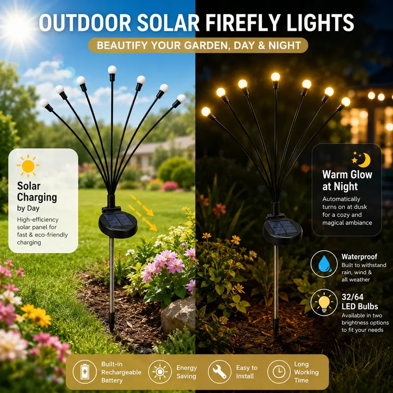 Outdoor Solar Firefly Garden Lights – Warm White LED Stakes (4 or 8 Pack)