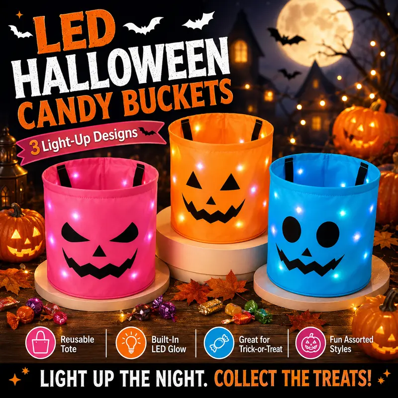 3 Pack LED Halloween Candy Buckets – Light-Up Trick-or-Treat Tote Bags