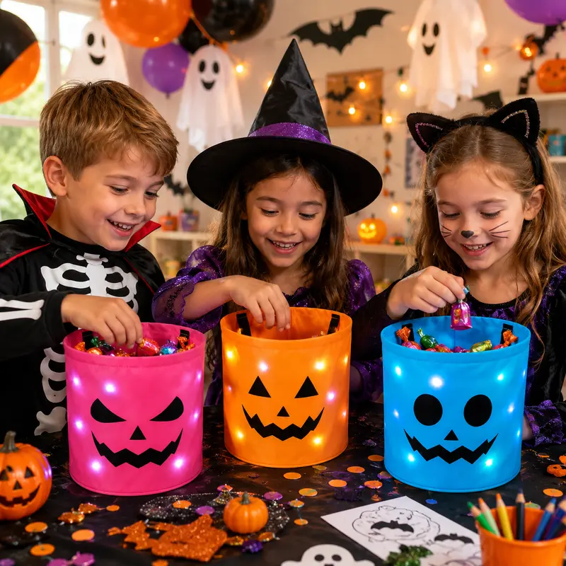 3 Pack LED Halloween Candy Buckets – Light-Up Trick-or-Treat Tote Bags