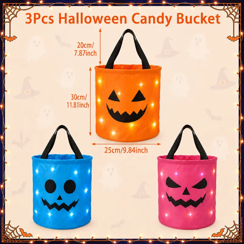 3 Pack LED Halloween Candy Buckets – Light-Up Trick-or-Treat Tote Bags