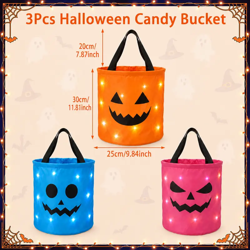 3 Pack LED Halloween Candy Buckets – Light-Up Trick-or-Treat Tote Bags