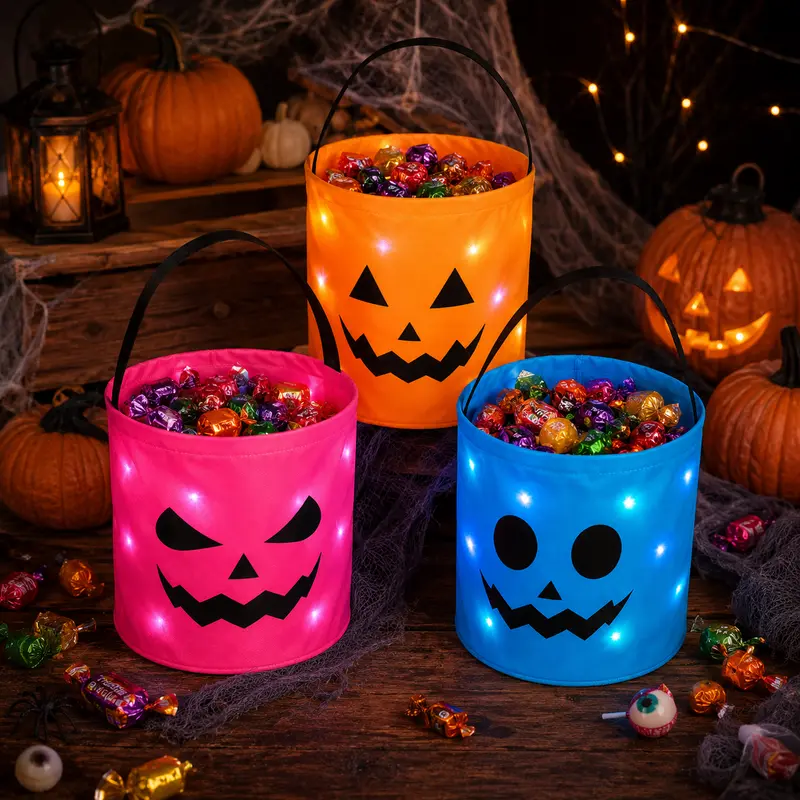 3 Pack LED Halloween Candy Buckets – Light-Up Trick-or-Treat Tote Bags
