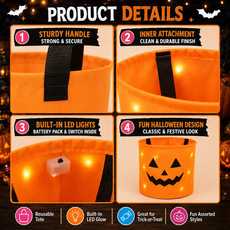 3 Pack LED Halloween Candy Buckets – Light-Up Trick-or-Treat Tote Bags