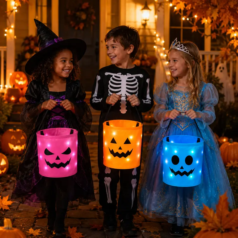 3 Pack LED Halloween Candy Buckets – Light-Up Trick-or-Treat Tote Bags