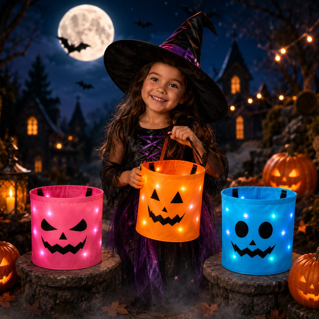 3 Pack LED Halloween Candy Buckets – Light-Up Trick-or-Treat Tote Bags