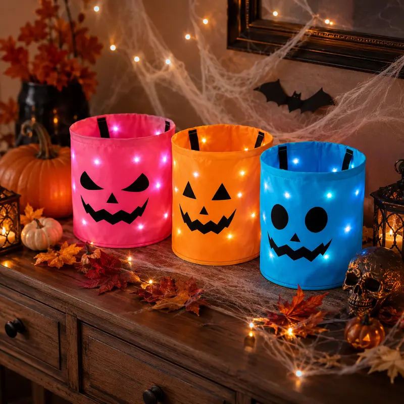 3 Pack LED Halloween Candy Buckets – Light-Up Trick-or-Treat Tote Bags