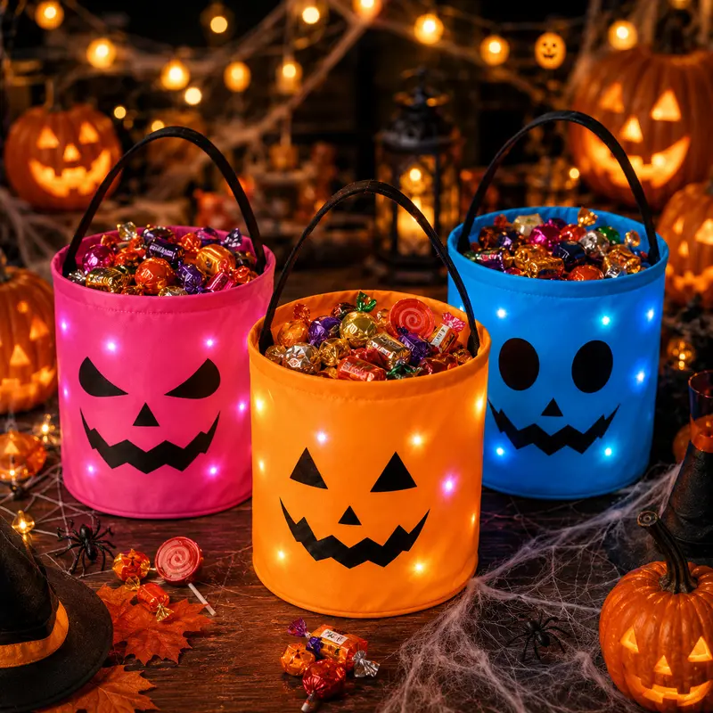 3 Pack LED Halloween Candy Buckets – Light-Up Trick-or-Treat Tote Bags